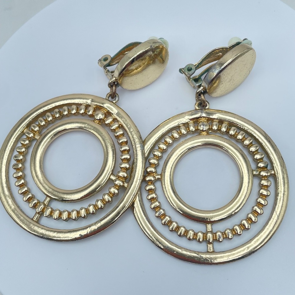 Vintage Y2K Gold Tone Textured Double Hoop Dangle Earrings Women's Jewelry